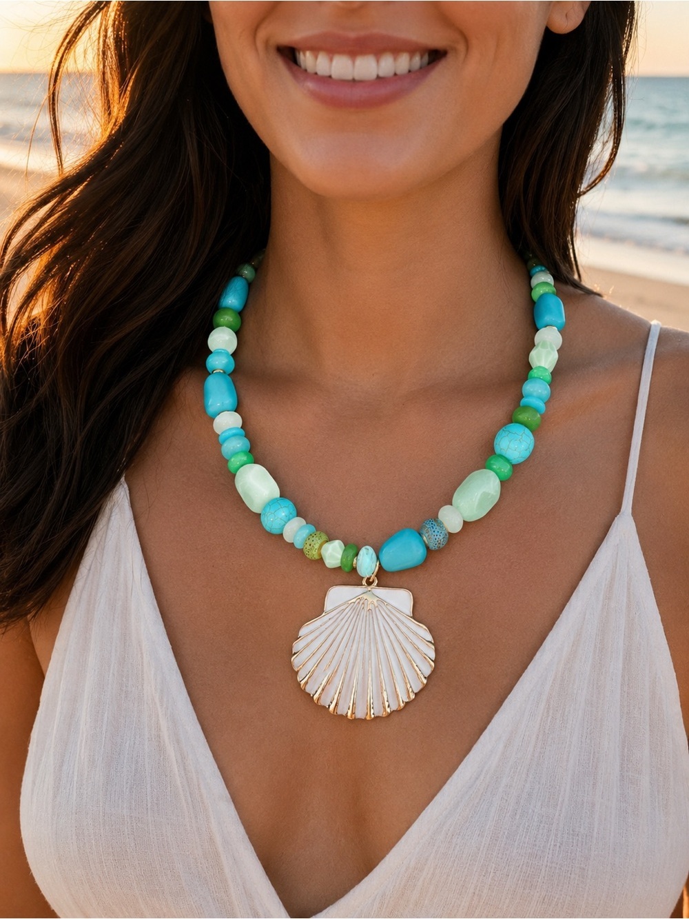 Piper K | Reconstituted Turquoise Beaded Seashell Pendant Statement Necklace
